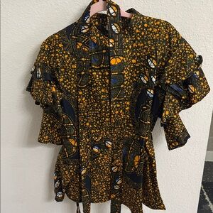 Women's Black & Mustard Patterned Ruffle Sleeve Top and Skirt